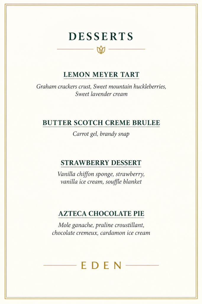 Celebrity Cruises Menu for Eden, Desserts