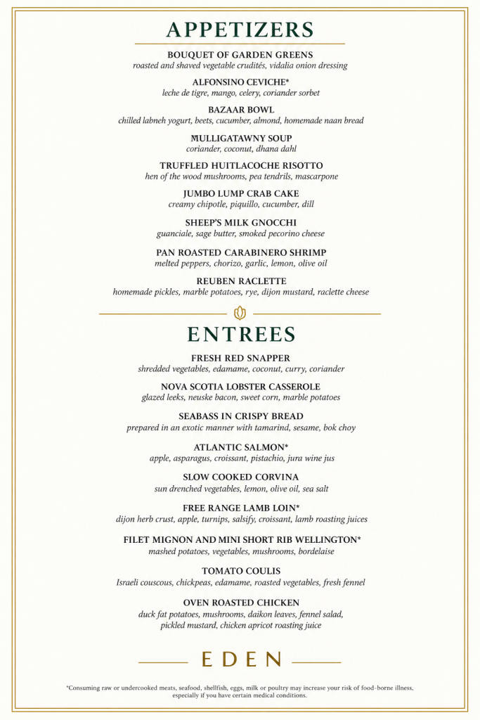 Celebrity Cruises Menu for Eden, Starters and Main Course