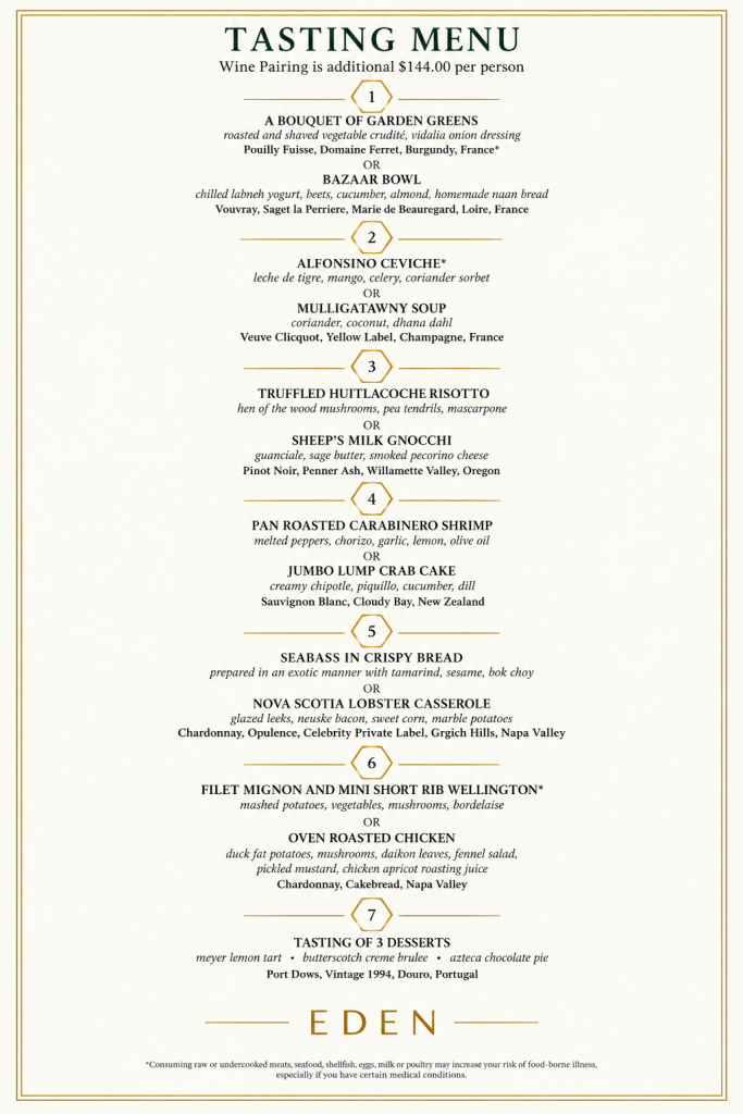 Celebrity Cruises Menu for Eden, Tasting Menu