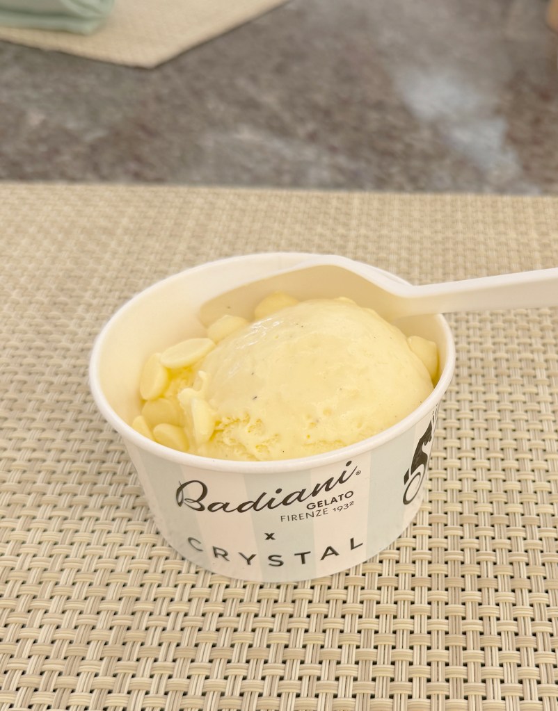 A small pot of Badiani Ice cream in a branded Badiani and Crystal Cruises pot.