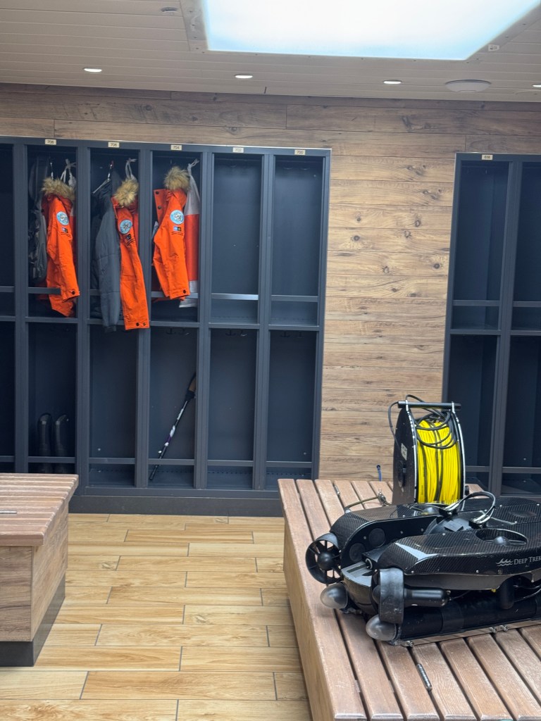 Parka Coats and diving equipment in Base camp on National Geographic Endurance