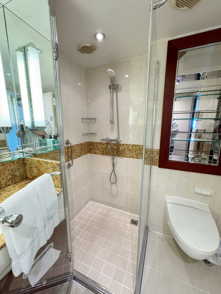 A standalone Shower with a door between a sink and a WC.