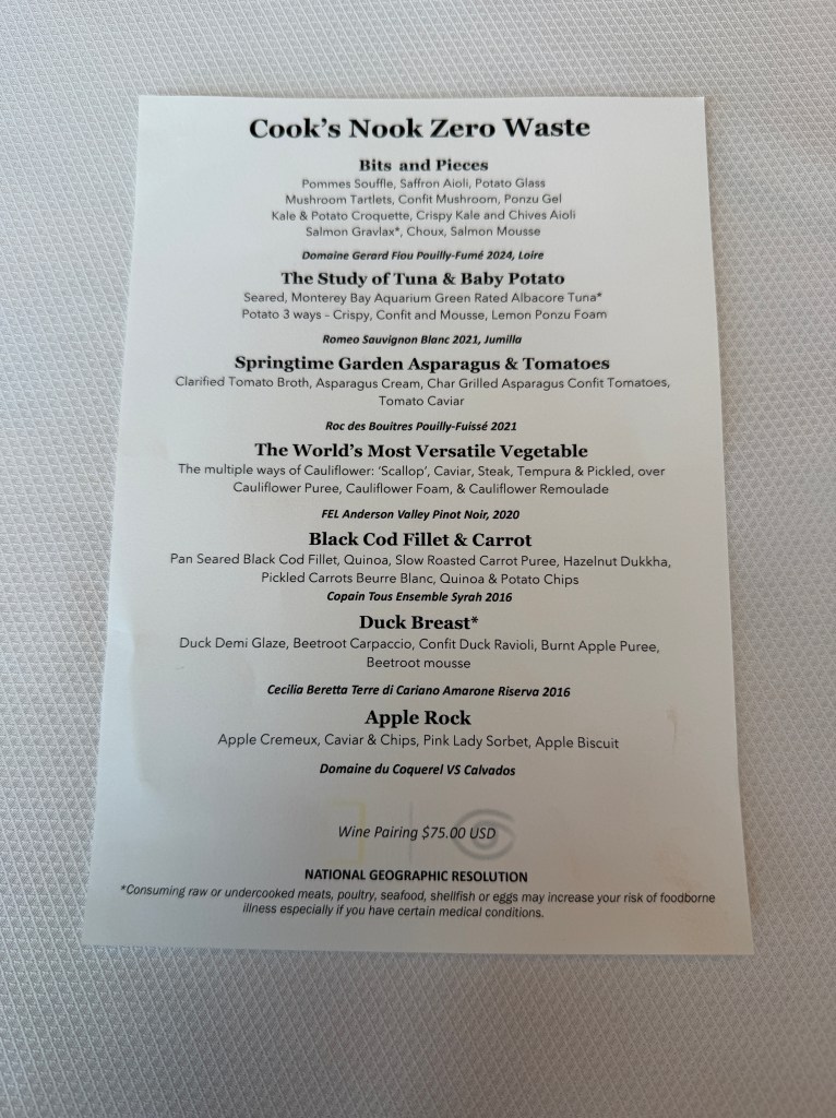Sample menu from the Zero Waste menu at Cook's Nook on National Geographic Resolution
