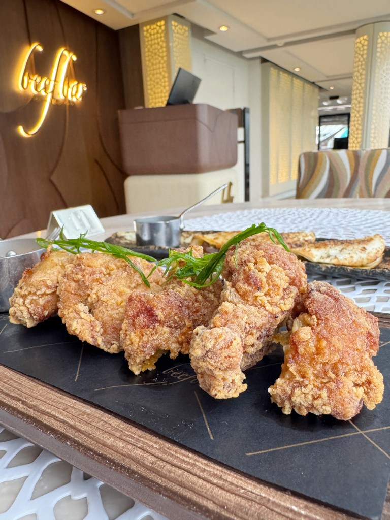 Beef bar Kobe fried chicken , 5 pieces on a slate.