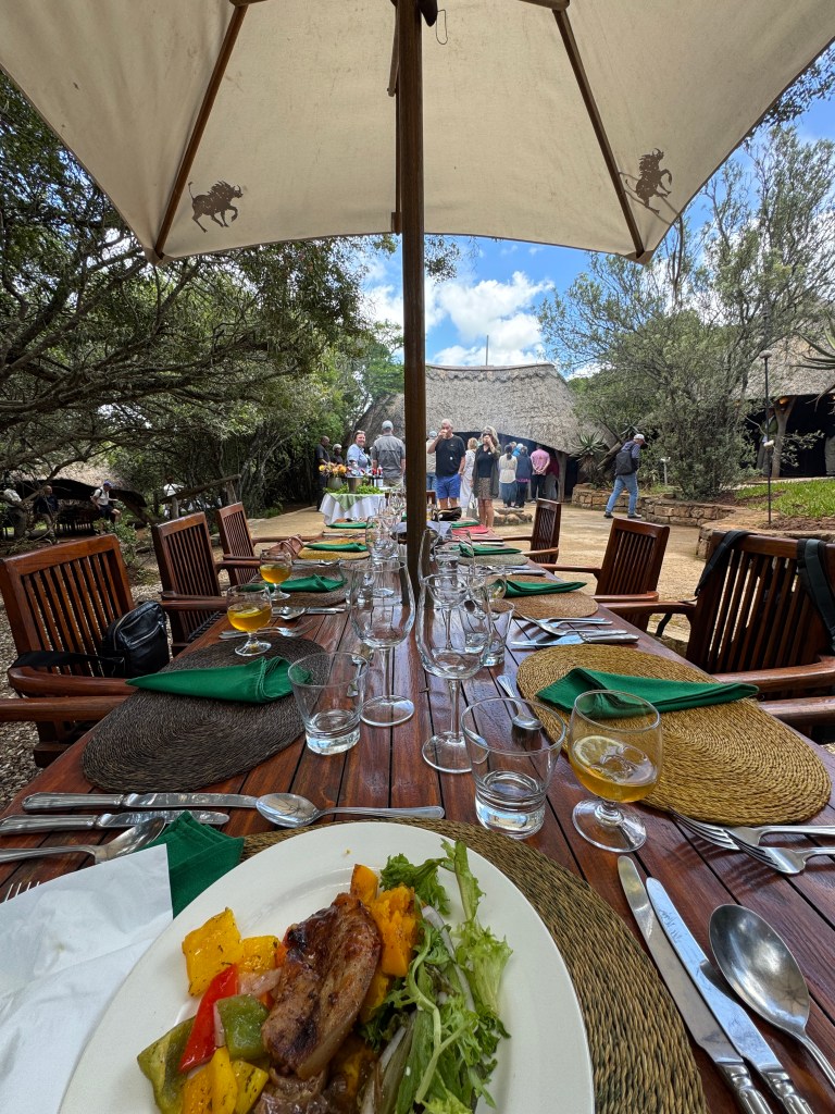 An outside table set for a large group.
