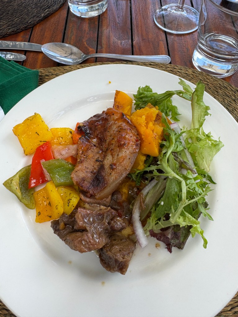 A BBQ Lunch of meat, salad and vegetables.