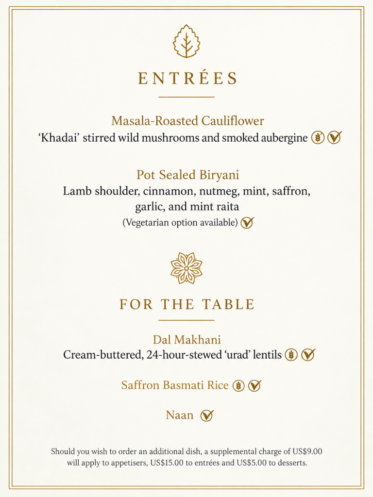 Menu featuring entrées including Masala-Roasted Cauliflower and Pot Sealed Biryani, along with sides like Dal Makhani, Saffron Basmati Rice, and Naan.