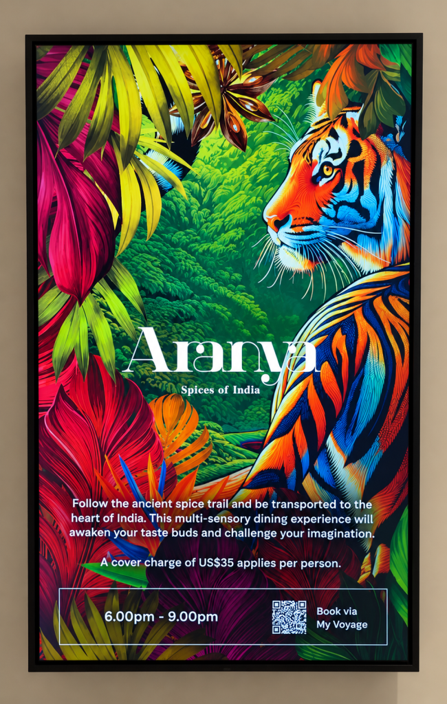 Colorful promotional sign for Aranya: Spices of India, featuring a vibrant tiger and tropical foliage. Describes a multi-sensory dining experience, with event timing from 6:00 PM to 9:00 PM and a cover charge of US$35.