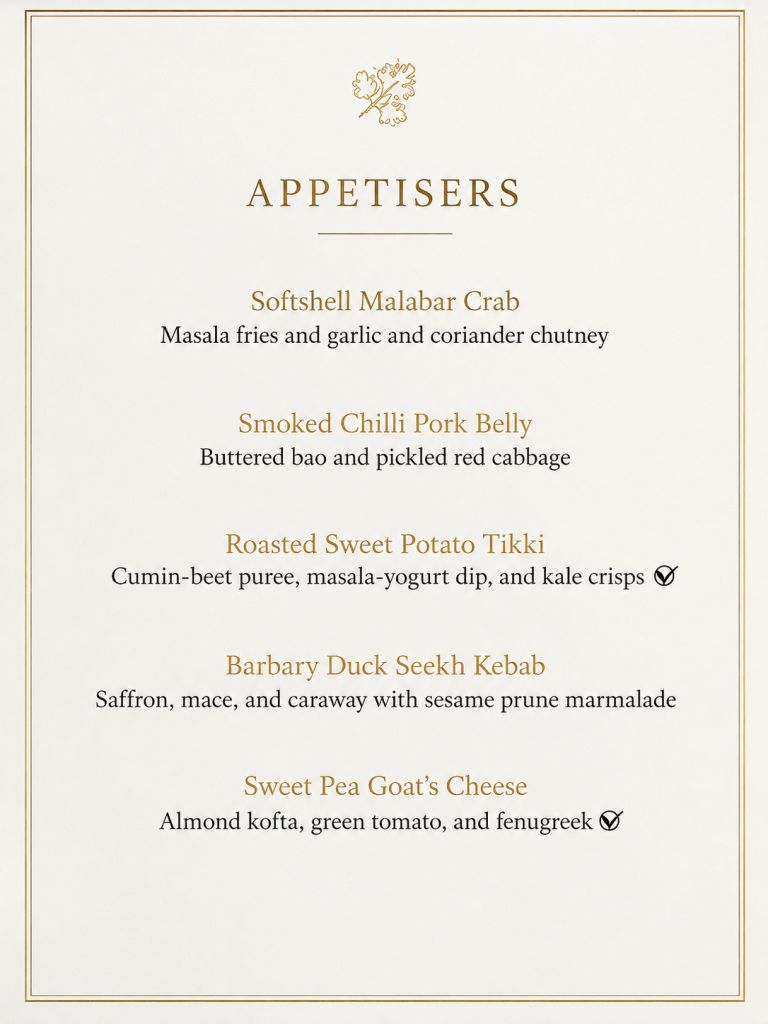 A menu showcasing appetisers including Softshell Malabar Crab, Smoked Chilli Pork Belly, Roasted Sweet Potato Tikki, Barbary Duck Seekh Kebab, and Sweet Pea Goat's Cheese, each with detailed descriptions.