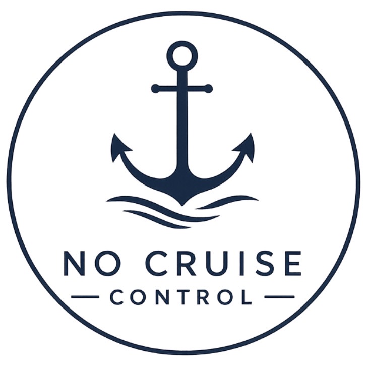 A logo featuring an anchor above stylized waves, with the text 'NO CRUISE CONTROL' below in bold letters.
